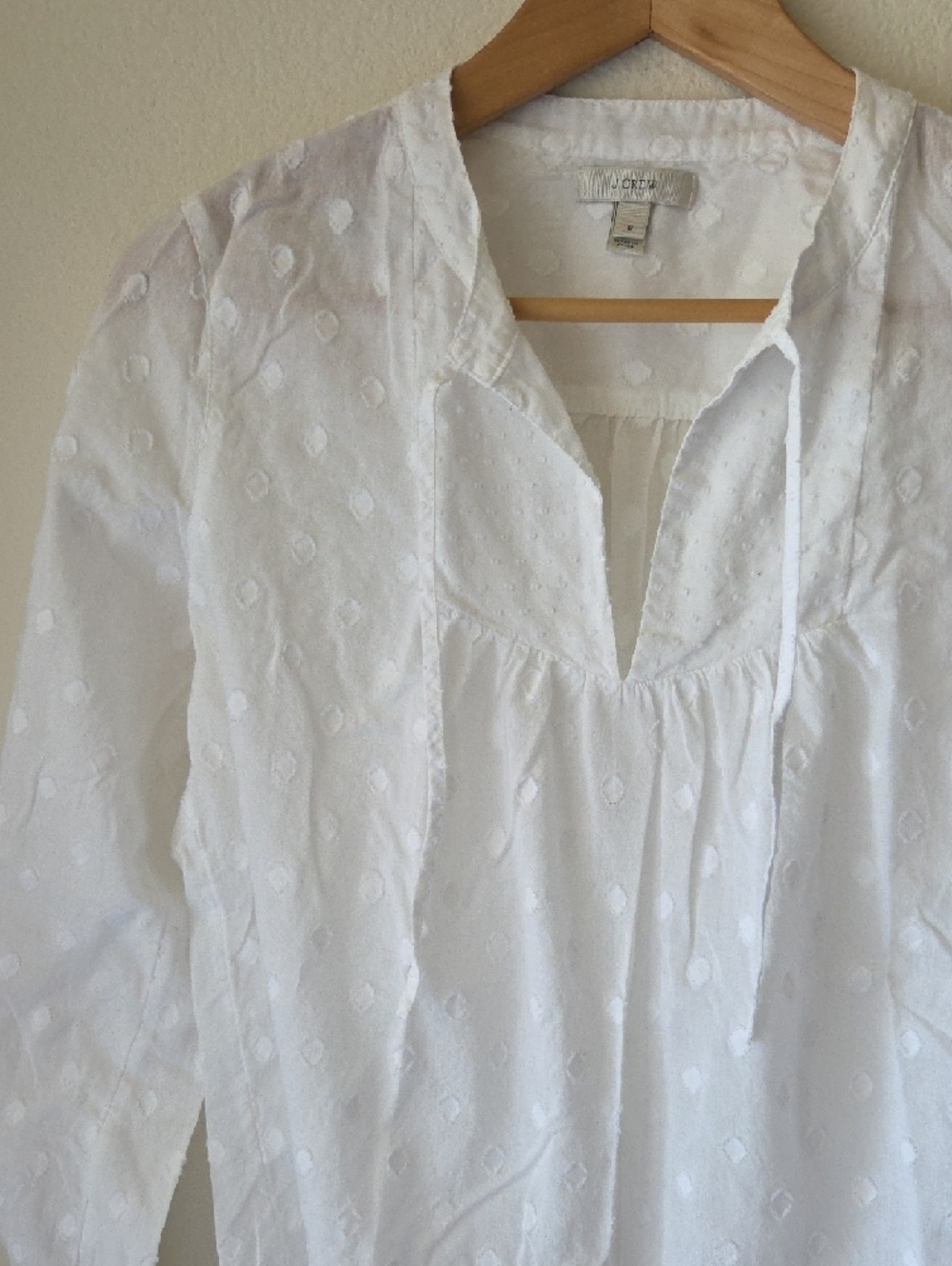 J. Crew White Peasant Blouse 100% Cotton Polka Dot Texture Pattern Sz 8 Flowy - Picture 4 of 13